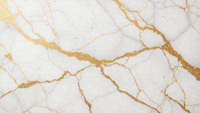 The primary subject of the image is a marble wall with gold accents. The setting is a room with a white marble surface. The visual style is a close-up of the marble wall, showcasing the gold accents and the marble texture. The colors and mood of the image are predominantly white and gold, giving it a luxurious and elegant appearance.