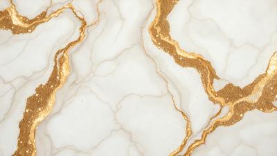 The primary subject of the image is a marble wall with gold accents. The setting is a room with a white marble wall, and the visual style is a close-up of the wall. The dominant colors are white and gold, creating a luxurious and elegant atmosphere.