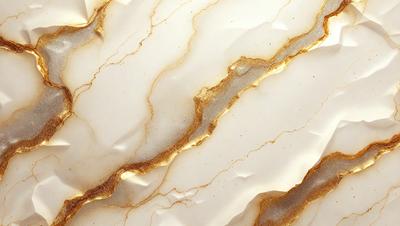 The primary subject of the image is a marble countertop with a gold-colored vein running through it. The setting is a kitchen, and the visual style is a close-up of the marble countertop. The colors and mood of the image are warm and elegant, with the gold vein adding a touch of luxury to the marble surface.