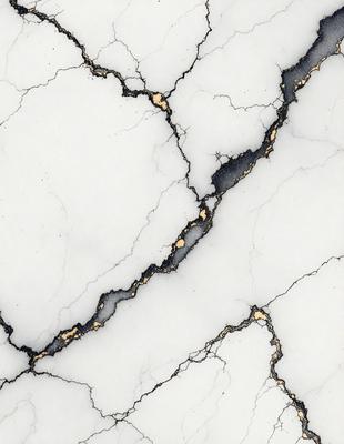 The primary subject of the image is a marble wall with a cracked and chipped appearance. The setting is a room with a white marble surface. The visual style is a close-up of the marble wall, showcasing its texture and imperfections. The colors and mood of the image are predominantly white, with the cracked and chipped marble adding a sense of age and wear.