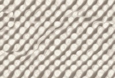 The primary subject of the image is a white, textured wall with a pattern of white circles. The setting is a room with a white wall, and the visual style is a close-up of the wall. The dominant colors are white, and the overall atmosphere is clean and minimalistic.