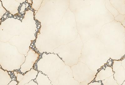 The image features a white marble wall with a cracked and chipped appearance. The wall is covered in a pattern of holes, giving it a unique and textured look. The setting appears to be a room with a white background, which further emphasizes the contrast between the wall and the rest of the space. The visual style of the image is a combination of photo and digital art, creating a realistic yet artistic representation of the cracked marble wall. The colors and mood of the image are predominantly white, with