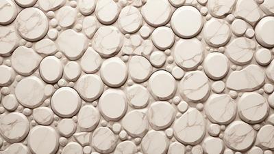 The primary subject of the image is a marble wall with a pattern of white circles. The setting is a room with a white marble wall, and the visual style is a close-up of the wall. The dominant colors are white and grey, creating a clean and elegant atmosphere.