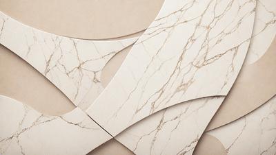The primary subject of the image is a marble-like pattern, which is displayed on a wall. The setting is a room with a tan background. The visual style is a combination of a photo and a drawing, creating a unique and artistic appearance. The colors and mood of the image are predominantly neutral, with a touch of elegance and sophistication.