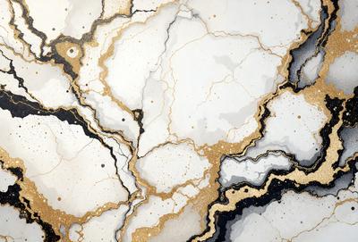 The image features a white marble wall with a gold and black pattern. The wall appears to be textured and has a unique design. The gold and black pattern adds a touch of elegance and sophistication to the overall appearance of the wall.