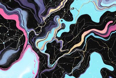 The primary subject of the image is a colorful, abstract artwork featuring a mix of blue, gold, and black colors. The setting is a black background, which contrasts with the vibrant colors of the artwork. The visual style appears to be a combination of digital art and illustration, creating a unique and eye-catching piece. The overall atmosphere of the image is lively and energetic, with the artwork's patterns and textures adding depth and interest to the composition.