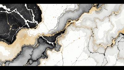 The image is a painting of a marbled surface, featuring a mix of black and white colors. The painting is set on a white background, giving it a clean and minimalist appearance. The visual style of the painting suggests that it is a digital art or illustration, rather than a photo or traditional painting. The dominant colors in the painting are black and white, creating a sense of depth and contrast in the marbled surface.