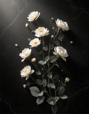 The primary subject of the image is a bouquet of white flowers, which are arranged in a vase. The flowers are placed against a black background, creating a striking contrast. The visual style of the image is a close-up of the flowers, showcasing their details and beauty. The colors and mood of the image are predominantly black and white, giving it a classic and elegant appearance.