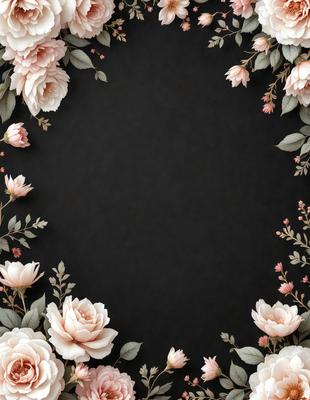The primary subject of the image is a black background with a white circle in the center. The circle is surrounded by a beautiful floral arrangement, featuring pink flowers. The setting is a dark background, which contrasts with the white circle and the vibrant pink flowers. The visual style is a combination of digital art and illustration, creating a stunning and eye-catching design. The colors and mood of the image are predominantly pink, which gives it a warm and inviting atmosphere.