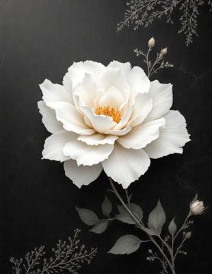 The primary subject of the image is a white flower with yellow center, which is the main focus of the image. The setting is a black background, which creates a dramatic contrast with the white flower. The visual style is a digital art, as the flower is depicted in a detailed and realistic manner. The dominant colors are white and yellow, creating a clean and fresh atmosphere.