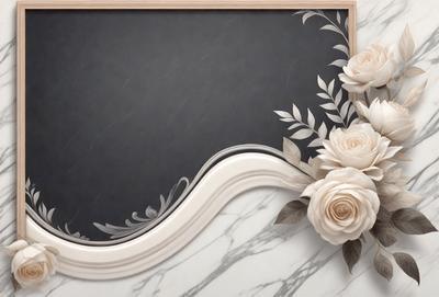 The primary subject of the image is a white chalkboard with a black background. The setting is a marble countertop, and the visual style is a combination of a photo and digital art. The colors are predominantly white and black, creating a clean and elegant atmosphere.