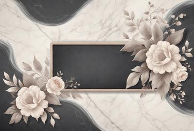 The primary subject of the image is a framed picture with a black background. The setting is a marble surface, which adds a sense of elegance and sophistication to the scene. The visual style is a combination of digital art and illustration, creating a unique and artistic representation of the subject. The colors in the image are predominantly black and white, giving it a classic and timeless appearance. The overall atmosphere is one of beauty and sophistication, with the marble surface and the framed picture creating