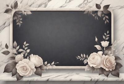 The primary subject of the image is a black chalkboard with white flowers drawn on it. The setting is a marble table, and the visual style is a combination of digital art and illustration. The dominant colors are black and white, creating a classic and elegant atmosphere.