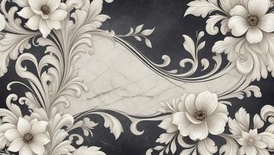 The primary subject of the image is a white flower with a black background. The setting is a marble surface, possibly a wall or a table. The visual style appears to be a combination of a photo and a drawing, with the flower being the focal point. The colors are predominantly white and black, creating a contrasting and elegant atmosphere.