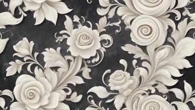 The primary subject of the image is a patterned wallpaper featuring white flowers. The setting is a black background, which contrasts with the white flowers. The visual style is a combination of digital art and illustration, creating a detailed and intricate design. The dominant colors are white and black, giving the wallpaper a clean and elegant appearance.
