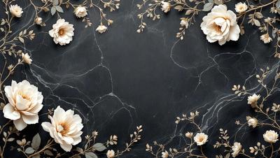 The primary subject of the image is a black marble table with a gold frame. The table is adorned with white flowers, creating a beautiful and elegant display. The setting is a room with a black background, which contrasts with the gold frame and white flowers, adding a touch of sophistication to the overall atmosphere. The visual style of the image is a combination of digital art and illustration, resulting in a stunning and intricate design.