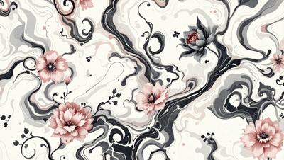 The primary subject of the image is a pattern featuring flowers and swirls. The setting is a wall, and the visual style appears to be a combination of digital art and illustration. The dominant colors are pink and gray, creating a calm and elegant atmosphere.