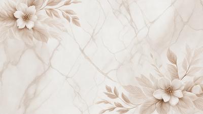 The primary subject of the image is a marble wall with a pattern of leaves. The setting is a room with a white marble wall, and the visual style is a combination of photo and digital art. The colors and mood of the image are predominantly white and neutral, creating a clean and elegant atmosphere.