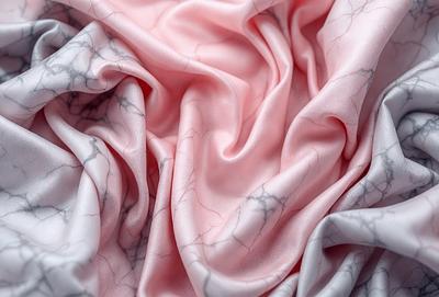 The primary subject of the image is a piece of pink fabric with a marbled pattern. The fabric is draped over a surface, creating a visually appealing and textured backdrop. The setting appears to be a studio or workspace, where the fabric is being displayed or used for a creative project. The visual style of the image is a combination of photo and digital art, as it captures the intricate details of the fabric while also showcasing its unique marbled pattern. The colors and mood of the