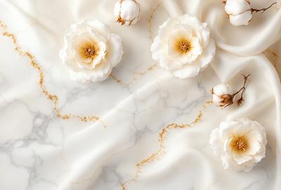 The primary subject of the image is a white marble surface with a gold pattern. The setting is a white background, and the visual style is a photo. The colors and mood of the image are predominantly white and gold, creating a sense of elegance and sophistication.