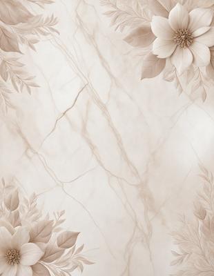 The primary subject of the image is a marble wall with a pattern of white flowers. The setting is a room with a white marble wall, and the visual style is a combination of photo and digital art. The dominant colors are white and beige, creating a clean and elegant atmosphere.