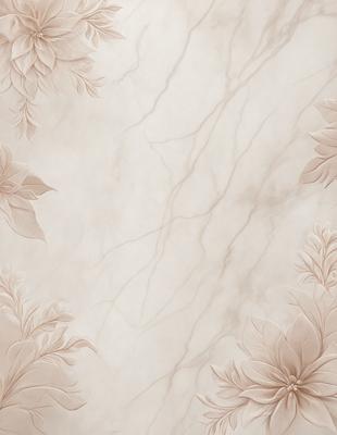The primary subject of the image is a marble wall with a pattern of flowers. The setting is a room with a white marble wall, and the visual style is a combination of photo and digital art. The dominant colors are white and beige, creating a clean and elegant atmosphere.