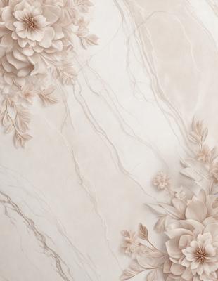 The primary subject of the image is a white marble wall with a pattern of flowers. The setting is a room with a white marble surface, and the visual style is a combination of photo and digital art. The dominant colors are white and beige, creating a clean and elegant atmosphere.