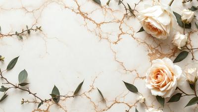 The primary subject of the image is a white rose, which is placed on a marble table. The setting is a white marble countertop, and the visual style is a close-up of the rose. The rose is the main focus of the image, and it is surrounded by green leaves. The overall atmosphere is elegant and sophisticated, with the white rose and marble table creating a sense of luxury and refinement.