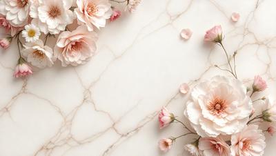 The primary subject of the image is a close-up of a white marble countertop with a few pink flowers scattered across it. The setting is a kitchen or a similar indoor space, as the marble countertop is a common feature in such environments. The visual style is a realistic representation of the flowers and the marble countertop, capturing the beauty of the flowers and the natural texture of the marble. The colors and mood of the image are predominantly white and pink, creating a sense of fresh