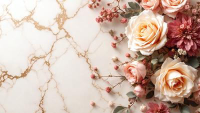 The primary subject of the image is a bouquet of pink and white flowers, which are arranged in a vase. The flowers are placed on a marble table, creating a sophisticated and elegant setting. The visual style of the image is a close-up of the flowers, showcasing their beauty and details. The colors and mood of the image are predominantly pink and white, giving it a soft and delicate atmosphere.