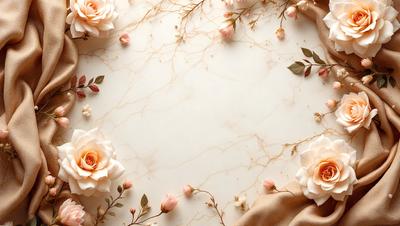 The primary subject of the image is a white marble table with a beautiful arrangement of pink and white flowers. The flowers are scattered across the table, creating a visually appealing and elegant display. The setting is a natural environment, with the flowers placed on the marble surface. The visual style of the image is a combination of photo and digital art, as it captures the beauty of the flowers and the marble table. The colors and mood of the image are predominantly pink and white, giving it a warm and