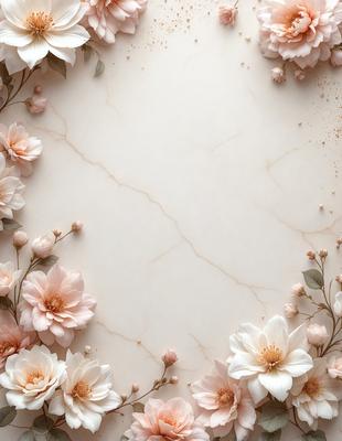 The primary subject of the image is a white marble table with a beautiful arrangement of pink flowers. The table is the main object, and the flowers are the focal point of the scene. The setting is a natural environment, with the flowers and table being the main elements in the image. The visual style is a combination of photo and digital art, creating a realistic yet artistic representation of the flowers on the marble table. The colors and mood of the image are predominantly pink, which gives the scene a warm