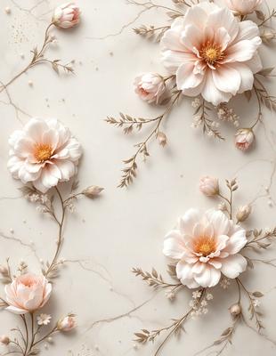 The primary subject of the image is a wall with a pattern of white flowers and green leaves. The setting is a white wall, and the visual style appears to be a combination of photo and digital art. The dominant colors are white and pink, creating a calm and serene atmosphere.