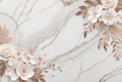 The primary subject of the image is a white marble wall with a pattern of flowers. The setting is a white marble wall, and the visual style is a photo. The dominant colors are white and gold, creating a clean and elegant atmosphere.