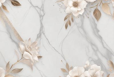The primary subject of the image is a white flower, which is the main focus of the scene. The setting is a marble wall, and the visual style appears to be a combination of photo and digital art. The dominant colors in the image are white and gold, creating a clean and elegant atmosphere.