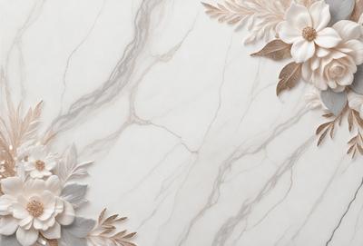 The primary subject of the image is a marble wall with a pattern of flowers and leaves. The setting is a marble wall, and the visual style is a combination of photo and digital art. The dominant colors are white and gold, giving the wall a luxurious and elegant appearance.