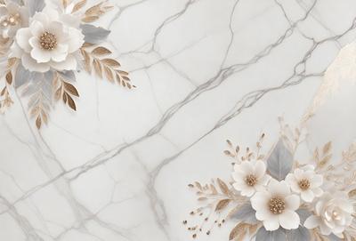The primary subject of the image is a white flower with gold accents, which is placed on a marble surface. The setting is a white marble wall, and the visual style appears to be a combination of a photo and digital art. The dominant colors are white and gold, creating a clean and elegant atmosphere.