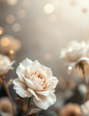 The primary subject of the image is a white rose with a pink center, surrounded by other white flowers. The setting is a field with a background of a sky, creating a serene and natural atmosphere. The visual style is a close-up of the flowers, emphasizing their beauty and details. The colors and mood of the image are predominantly white and soft, giving the scene a peaceful and calming vibe.