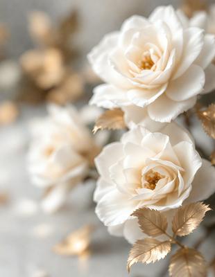 The primary subject of the image is a bouquet of white roses. The setting is a white background, which provides a clean and elegant appearance. The visual style is a close-up of the flowers, showcasing their details and beauty. The colors and mood of the image are predominantly white, creating a serene and peaceful atmosphere.