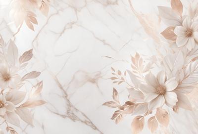 The primary subject of the image is a white flower with a gold center, which is placed on a marble surface. The setting is a white marble wall, and the visual style appears to be a combination of a photo and digital art. The dominant colors are white and gold, creating a clean and elegant atmosphere.