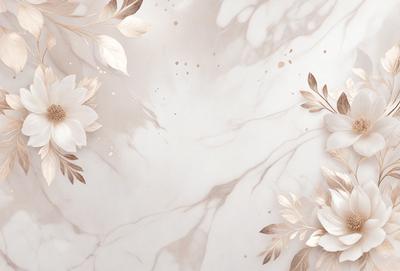 The primary subject of the image is a white flower, which is the main focus of the scene. The setting is a marble surface, which serves as the backdrop for the flower. The visual style of the image is a combination of photo and digital art, creating a realistic yet artistic representation of the flower. The dominant colors in the image are white and gold, giving the scene a warm and elegant atmosphere.