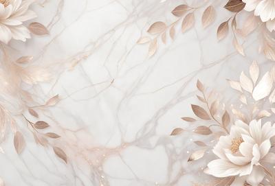 The primary subject of the image is a marble wall with a gold leaf pattern. The setting is a white marble wall, and the visual style is a combination of photo and digital art. The dominant colors are white and gold, creating a luxurious and elegant atmosphere.