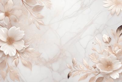 The primary subject of the image is a white flower, which is the main focus of the scene. The setting is a marble wall, and the visual style appears to be a combination of photo and digital art. The dominant colors in the image are white and beige, creating a clean and elegant atmosphere.