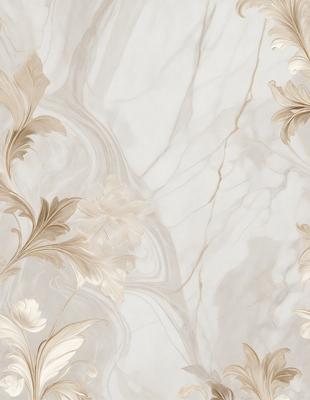 The primary subject of the image is a marble wall with a pattern of flowers. The setting is a room with a white marble wall, and the visual style is a combination of a photo and digital art. The colors and mood of the image are predominantly white and neutral, creating a clean and elegant atmosphere.