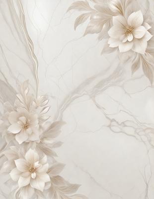 The primary subject of the image is a white marble countertop with a pattern of white flowers. The setting is a kitchen, and the visual style is a combination of photo and digital art. The dominant colors are white and gray, creating a clean and elegant atmosphere.