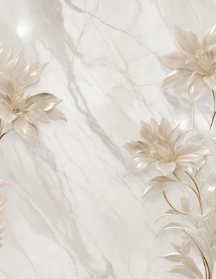 The primary subject of the image is a white flower, which is the main object, scene, or focus of the image. The setting is a marble wall, and the visual style is a photo. The dominant colors are white and gold, creating a clean and elegant atmosphere.