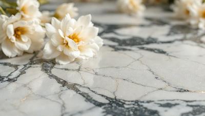 The primary subject of the image is a white flower, which is placed on a black marble surface. The setting appears to be a countertop or a similar surface, with the flower being the main focus of the scene. The visual style of the image is a close-up of the flower, showcasing its details and beauty. The colors in the image are predominantly black and white, creating a contrast between the flower and the marble surface. The overall atmosphere of the image is elegant and sophisticated, with the flower