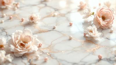 The primary subject of the image is a white marble table with a gold streak. The table is adorned with a beautiful arrangement of white flowers, including pink flowers, and small white pearls. The setting is a clean and elegant environment, with the marble table serving as the focal point. The visual style is a combination of natural elements, such as the flowers and pearls, and a touch of luxury, represented by the gold streak on the marble table. The colors and mood of the