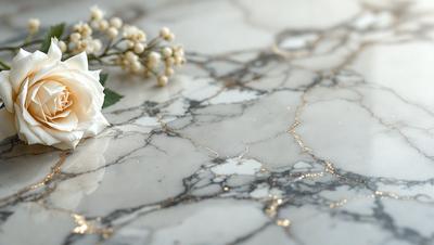 The primary subject of the image is a white rose placed on a marble countertop. The setting is a marble countertop, which serves as the background. The visual style is a photo, capturing the beauty of the rose and the marble surface. The colors and mood of the image are predominantly white, giving it a clean and elegant appearance.