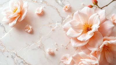 The primary subject of the image is a beautiful pink flower with a yellow center, sitting on a marble surface. The setting is a white background, which provides a clean and elegant appearance. The visual style is a close-up of the flower, showcasing its details and beauty. The colors and mood of the image are predominantly pink and white, creating a sense of elegance and serenity.